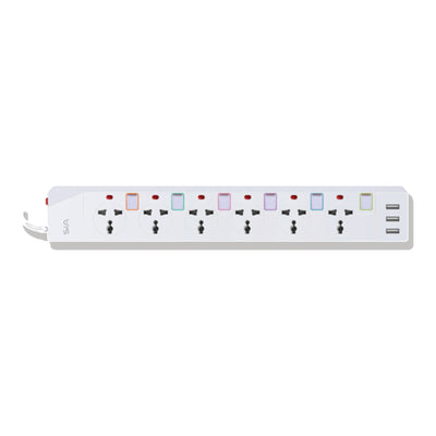 شريط طاقة SIA ENDURING GEN1 بطول 2 متر، نحاس، 6 منافذ + 3 منافذ USB - أبيض